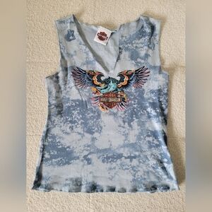 Harley-Davidson Women's Blue Tie-Dye Eagle V-Neck Tank with Multicolor Graphic